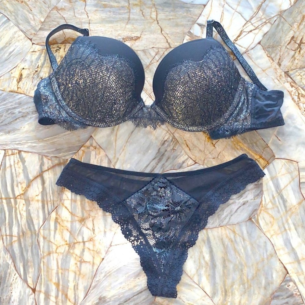 2 Pc Set VS Very Sexy Bra 32D Panty Small Grey Shimmer Lace